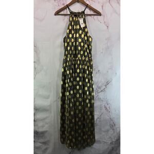 Sunday Brooklyn Dress Womens Medium Gold Polka Dot Midi Spaghetti Shimmer